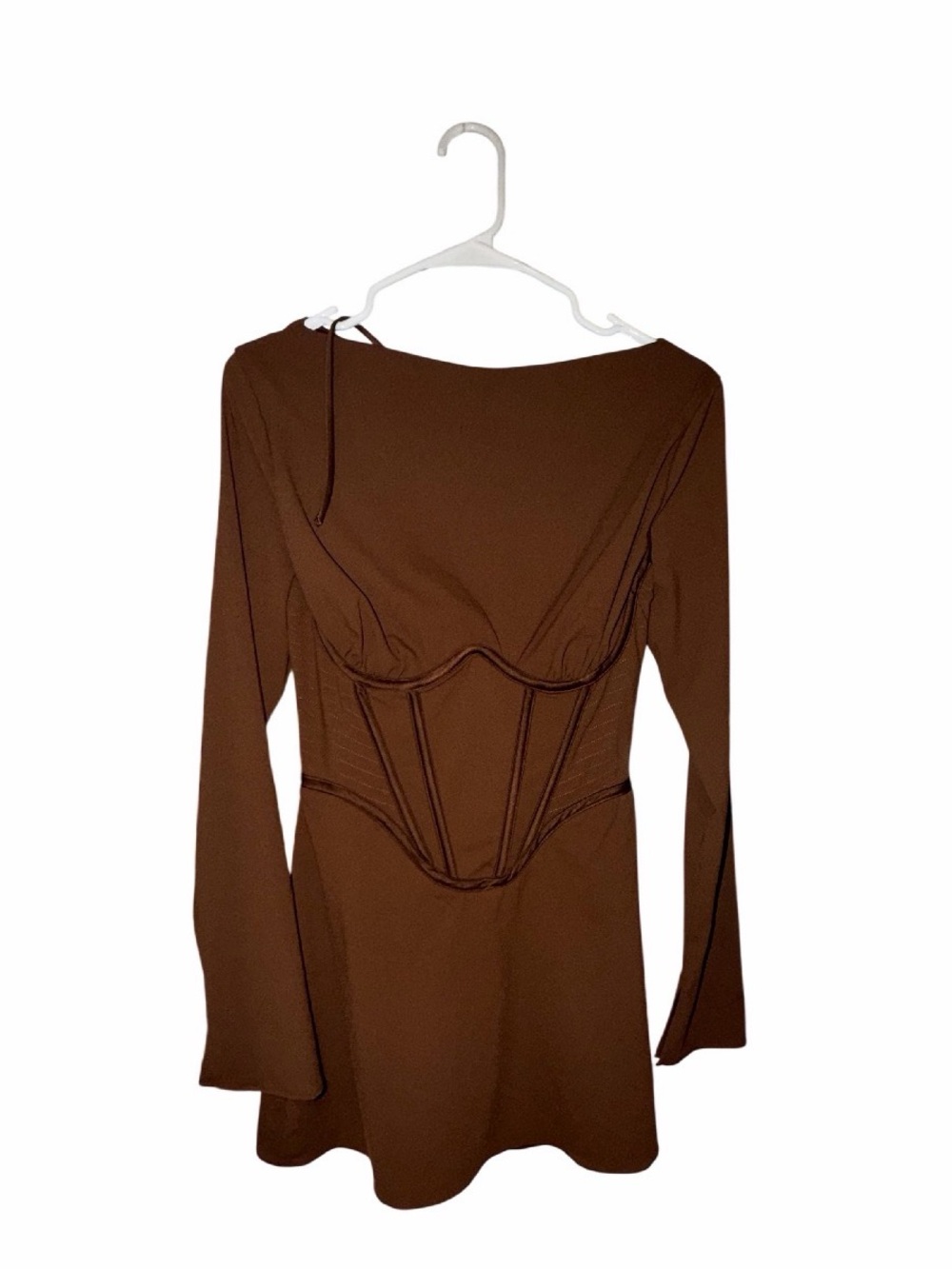 Elegant Brown Long-Sleeve Corset Mini Dress